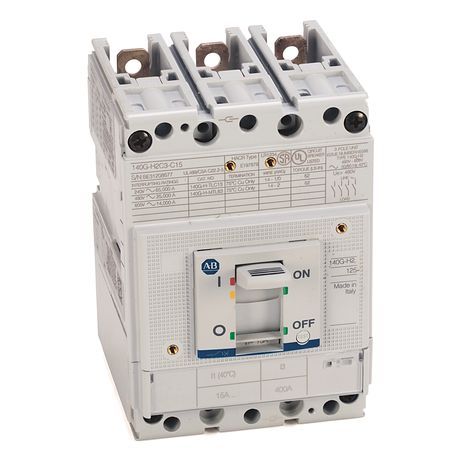 Allen-Bradley 140G-H2C3-C15-BA Molded Case Ckt Bkr, 125A H Frame, 25 kA at 480V, T/M  Fixed Thrm / Fixed Mgntc, 3 Poles, 15A, 80 Percent MCCB, No Bus Bar Mounting, NONE, 250V AC/DC, NONE, 2 Aux + Alarm