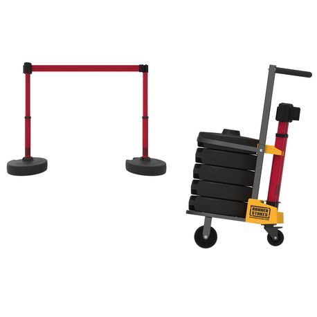 Banner Stakes PL4000-R PLUS Cart Package, Blank Red Banner, Includes: 1 Cart, 5 PLUS Stanchions, 5 PLUS Banner Heads, 5 PLUS Bases, Belt Length 15 ft, Suitable for Indoor/Outdoor Use