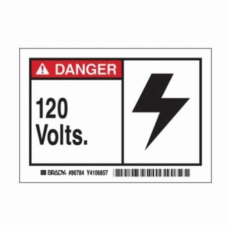 Brady® 86784 Rectangle Self-Adhesive Machine/Equipment Label, 3-1/2 in L x 5 in W, Legend: DANGER 120 Volts, Black/Red on White Legend/Background, B-302 Polyester, 5 Labels