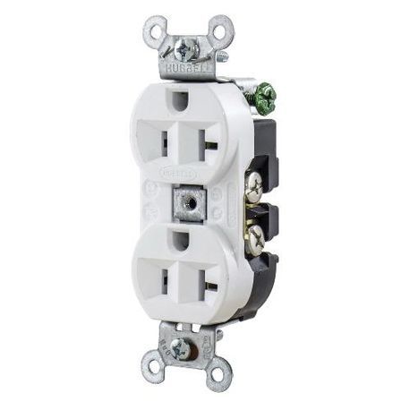 Wiring Device-Kellems Hubbell-Pro™ 5362W Duplex Heavy Duty Self-Grounding Traditional Straight Blade Receptacle, 125 VAC, 20 A, 2 Pole, 3 Wires, White