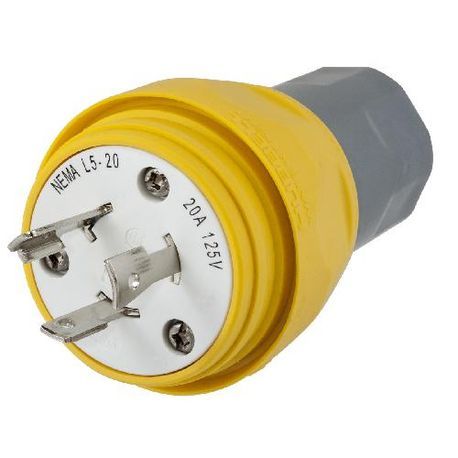 Wiring Device-Kellems Twist-Lock® HBL26W47 Non-Shrouded Watertight Locking Plug, 125 VAC, 20 A, 2 Pole, 3 Wires, Yellow