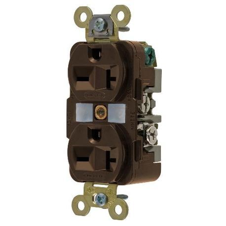 Wiring Device-Kellems HBL5462 Duplex Extra Heavy Duty Self-Grounding Straight Blade Receptacle, 250 VAC, 20 A, 2 Pole, 3 Wires, Brown