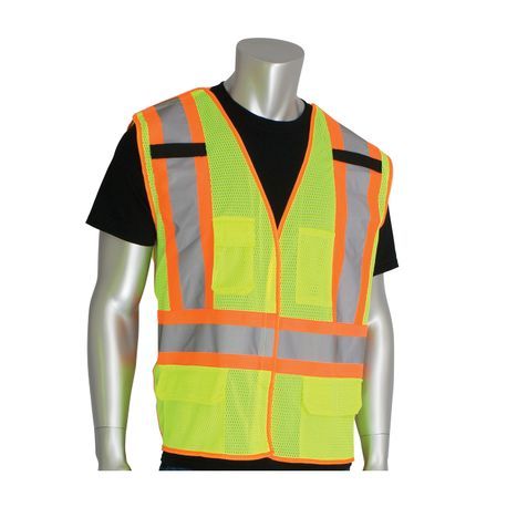 PIP® 302-0211-LY/2X 2-Tone X-Back Safety Vest, 2XL, Hi-Viz Lime Yellow, Polyester Mesh, Hook and Loop Closure, 5 Pockets, ANSI Class: Class 2, Specifications Met: ANSI 107 Type R, CAN/CSA Z96