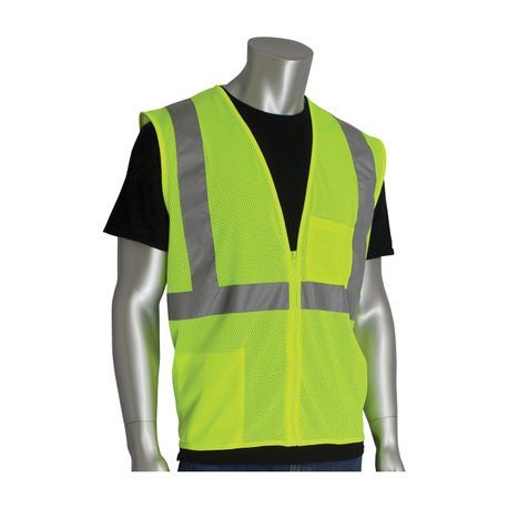 PIP® 302-0702Z-LY/4X 302-0702Z Breathable Safety Vest, 4XL, Hi-Viz Lime Yellow, Polyester Mesh, Zipper Front Closure
