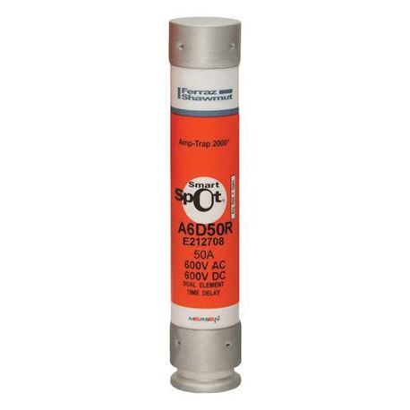 Ferraz Shawmut Amp-Trap® 2000® SmartSpot® A6D50R Time Delay Fuse, 50 A, 600 VAC/VDC, 200 kA at 600 VAC, 100 kA at 600 VDC Interrupt, Class: RK1, Poly Tube Body