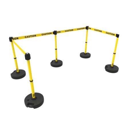 Banner Stakes PL4583 PLUS Barrier Set X5, Yellow Double-Sided "Caution", Includes: 5 PLUS Stanchions, 5 PLUS Bases, 4 PLUS Banner Head, 1 PLUS Receiver Head, Belt Length 15 ft, Suitable for Indoor/Outdoor Use