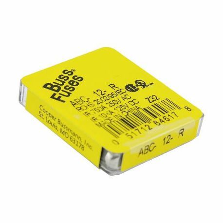 Bussmann ABC-12-R Small Dimension Fast Acting Fuse With Nickel Plated Brass End Caps, 12 A, 250 VAC/125 VDC, 750 A, 10 kA Interrupt, Cylindrical Body