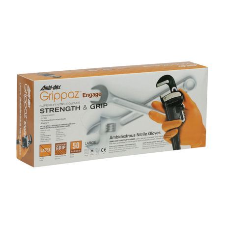Grippaz® 67-307/L Powder Free Gloves With Textured Fish Scale Grip, L, Nitrile, Orange, 9 in L, 7 mil THK