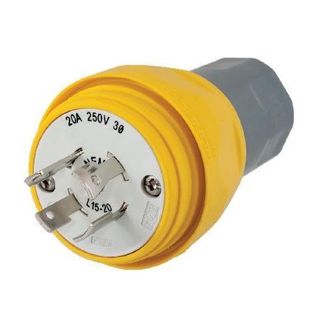 Wiring Device-Kellems Twist-Lock® HBL26W75 Non-Shrouded Watertight Locking Plug, 250 VAC, 20 A, 3 Pole, 4 Wires, Yellow