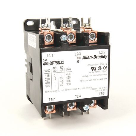 Allen-Bradley 400-DP75NA3-R 400 Definite Purpose Contactor,  75A,  208/240V 50/60Hz,  3 Poles,  Screws to Accept Ring Terminals