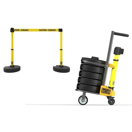 Banner Stakes PL4002 PLUS Cart Package, Yellow "Caution-Cuidado" Banner, Includes: 1 Cart, 5 PLUS Stanchions, 5 PLUS Banner Heads, 5 PLUS Bases, Belt Length 15 ft, Suitable for Indoor/Outdoor Use