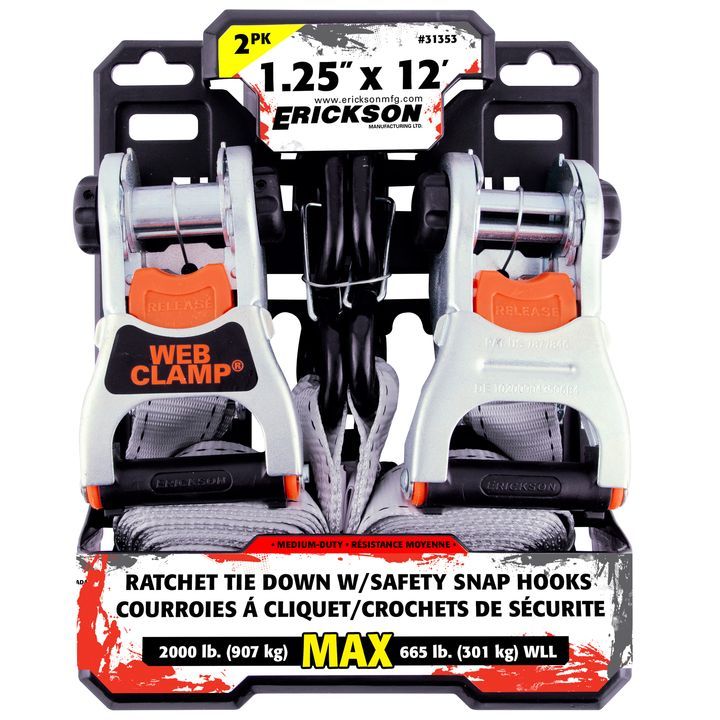 Erickson 31353 Pro Series Gray 1 x 12 Deluxe Web Clamp Ratcheting Tie-Down 2000 lb Pack of 2 Load Capacity, Erickson 31353 Pro Series Gray 1 x 12 Deluxe Web Clamp Ratcheting Tie-Down 2000 lb Pack of 2 Load Capacity,